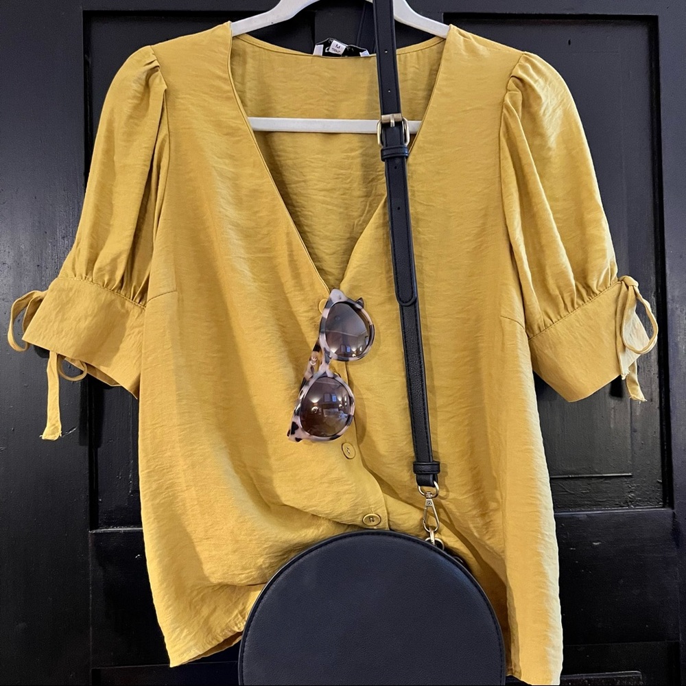 Cute Golden Yellow Button Down V Neck Top